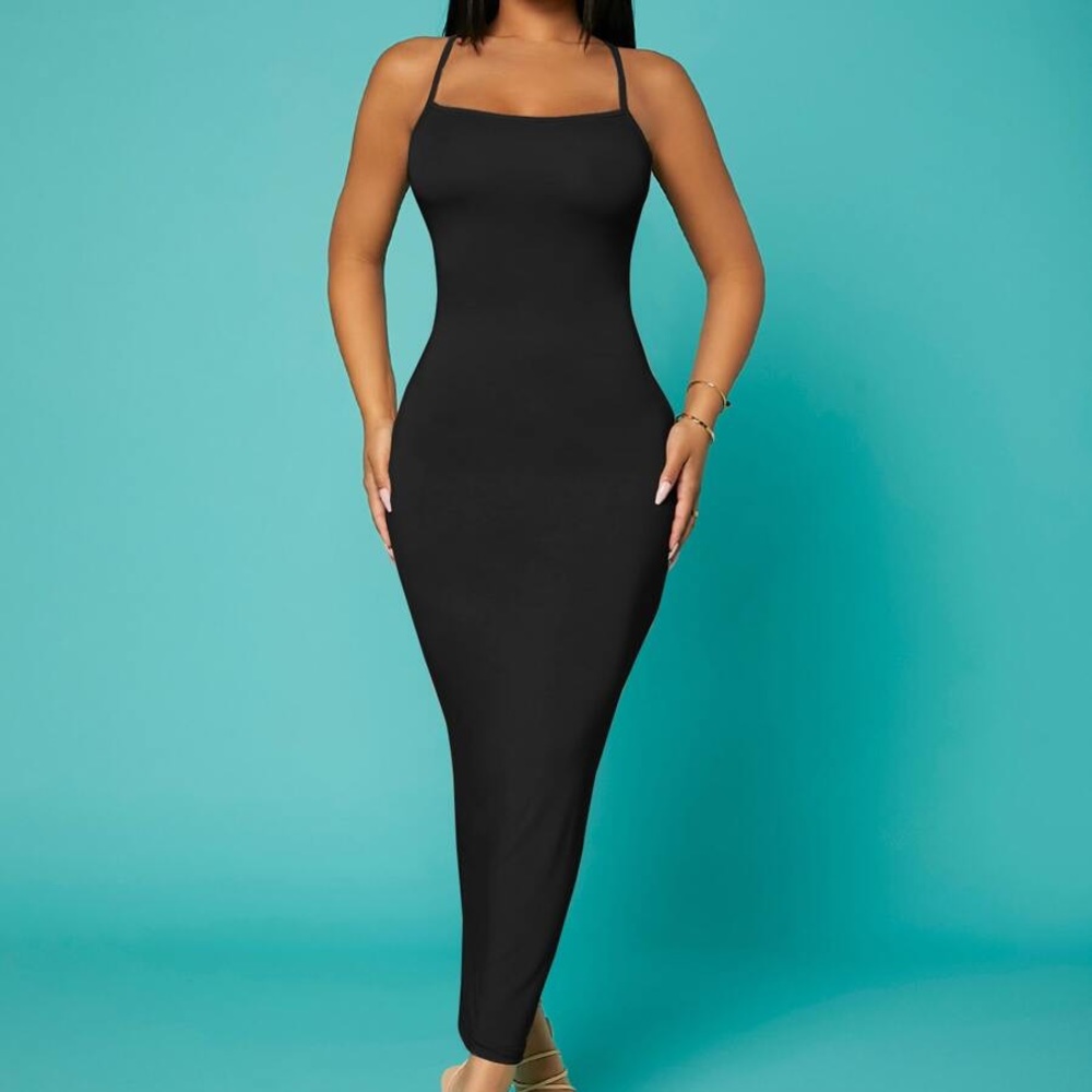 046 NWT Sexy Black Solid Criss-Cross Backless Bodycon Dress